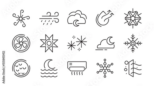 Fototapeta Snowflake line icon set. Clouds, illustration, snow, icons, holiday, overcast, sunny, rainy, snowy, windy, Christmas pattern line icon set. Ui thin line icon pack.