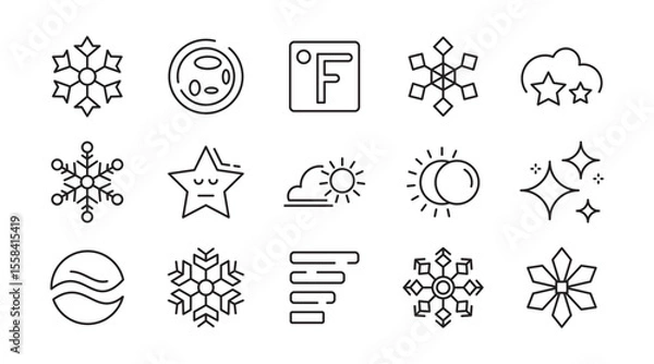 Fototapeta Snowflake line icon set. Clouds, illustration, snow, icons, holiday, overcast, sunny, rainy, snowy, windy, Christmas pattern line icon set. Ui thin line icon pack.