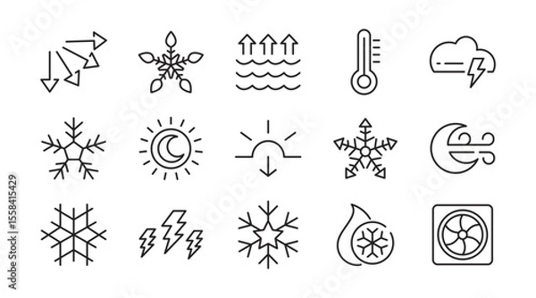 Fototapeta Snowflake line icon set. Clouds, illustration, snow, icons, holiday, overcast, sunny, rainy, snowy, windy, Christmas pattern line icon set. Ui thin line icon pack.