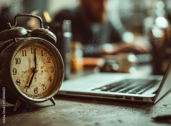 Fototapeta Vintage alarm clock showing 7 am on wooden desk with businessman working on laptop in background, concept of time management and deadline