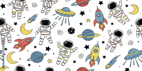 Fototapeta Hand-drawn space theme vector seamless pattern with UFOs, rockets, planets, stars, comets, and astronauts in a doodle art style
