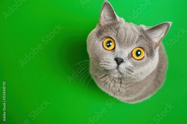 Fototapeta Astonished Scottish Fold Silver Cat with Big Yellow Striking Eyes isolated. Green Background. Studio. Surprised amazed feline muzzle. Kitten head closeup. Cute crazy pet banner. Copy space. Funny face
