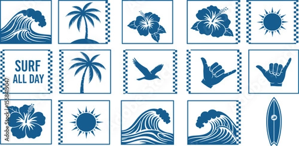 Fototapeta Seamless vector pattern featuring surf culture elements such as waves, palm trees, hibiscus flowers, suns, surfboards, shaka signs, and a surf van. Perfect for beach-themed designs and apparel