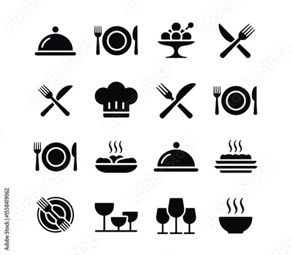 Obraz Food icons set, plate, fork, knife and spoon, set logotype menu, cutlery icon, tableware sign, catering icons, restaurant signs