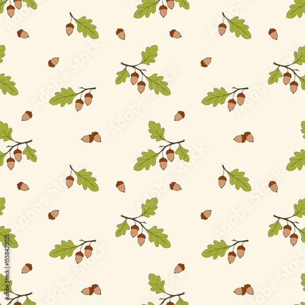 Obraz Autumn pattern with oak acorns, acorns on creme background. Seasonal ornament. Endless texture can be used for web design, printing onto fabric and paper or scrapbooking.