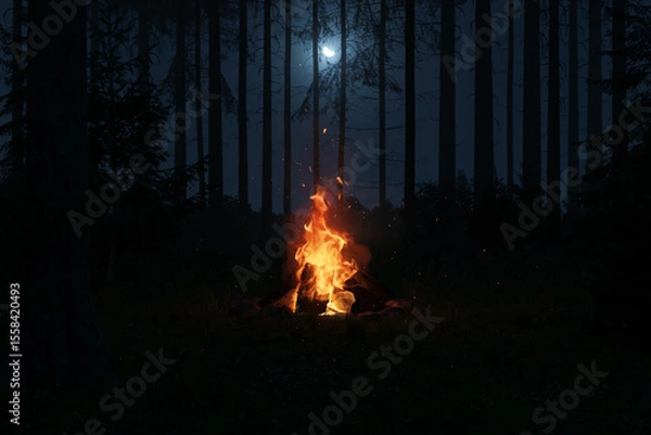 Fototapeta Bonfire with sparks and particles surrounded by forest trees. 3D Rendering