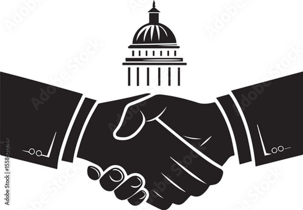 Obraz Black silhouette of handshake icon in clean flat vector style, symbol of agreement, partnership, deal, business, cooperation, success, teamwork, negotiation, trust, unity, and professional connection
