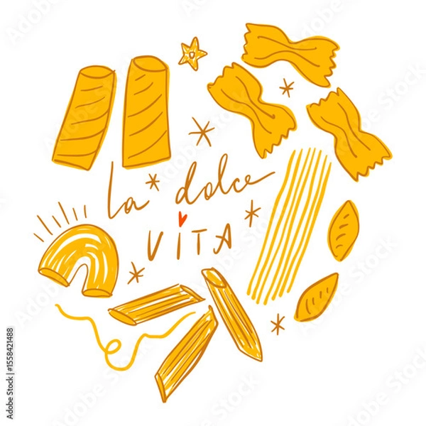 Fototapeta Pasta types food La Dolce Vita funny Italian lettering. Italy mediterranean coast doodle hand drawn vector, summer cafe or restaurant vector artwork for t shirt, menu, graphic typography, hand written