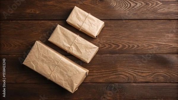Fototapeta Three brown paper wrapped gifts tied with twine on a dark wood surface present package