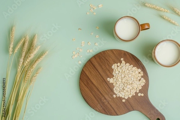 Fototapeta Vegan non dairy alternative milk mugs. Oat milk glasses on a wood tray on a green background. Flakes and ears of oats. Oatmeal and granola on a wooden plate. Dairy-free beverage choice. Lactose-free