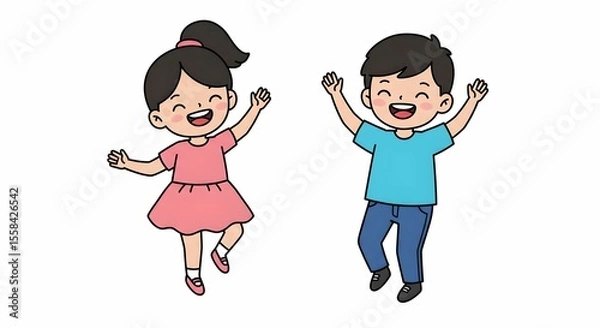Fototapeta girl and boy jump, smiling and happy on white background