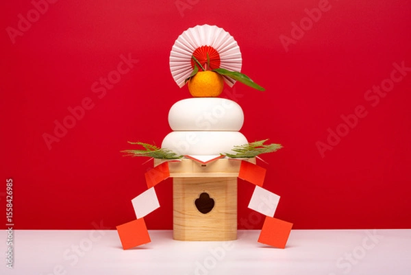 Fototapeta “鏡餅"を中央に配置した写真　紅白背景　三宝(台座)あり