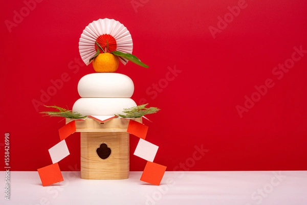 Obraz “鏡餅"を左側に配置した写真　紅白背景　三宝(台座)あり