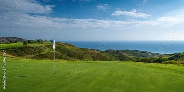 Fototapeta The serene golf course overlooking a stunning ocean view on a sunny day.