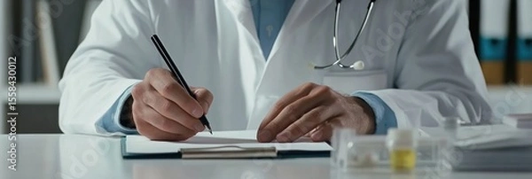 Fototapeta Doctor hands writing on paper document at a desk.. Healthcare research, schedule app and clinic planning. Medical person on digital technology and journal for telehealth, notes and reminder or planner