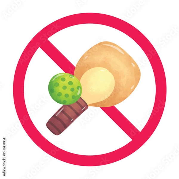 Obraz No pickleball sign, forbidden pickleball sign, pickleball paddle and ball with red crossed circle, do not play pickleball symbol
