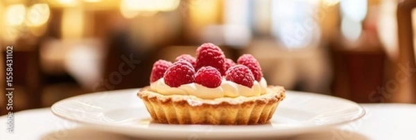 Fototapeta Appetizing raspberry tart and mint. Raspberry danish cake on plate on table and coffee. Tartlets raspberry fruit with vanilla custard, whipped cream served in a cafe. Blurred bokeh interior background