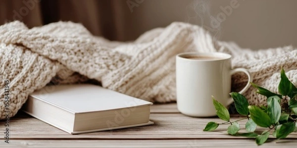 Fototapeta The cozy scene with a book, steaming cup, and soft blanket.