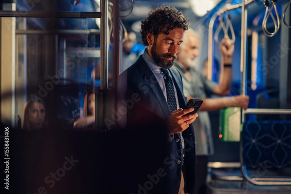 Fototapeta Businessman using smartphone on public transport at night