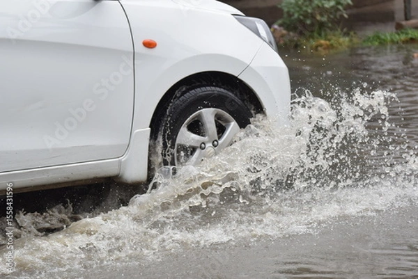 Fototapeta Car passing through a flooded road, flood caused by torrential rains. Flooded city road with a large puddle. Splash by car through flood water. A car is driving on a wet road with raindrops on its tir