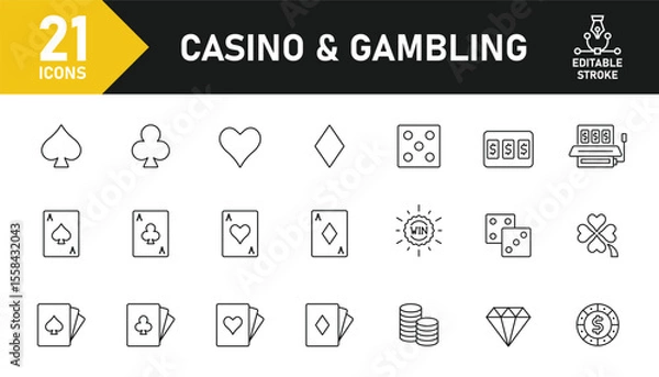 Fototapeta Casino and Gambling line icon set. Set of 21 outline icons related to playing card, slot machine, dice, roulette, jackpot, dealer, clover, chip and others. Editable stroke. Vector illustration.