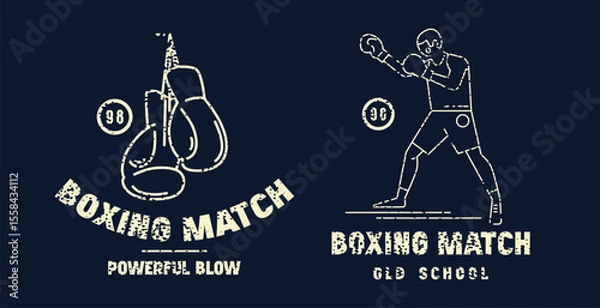 Fototapeta Boxing match emblem for t-shirt. Graphic design with rough texture. Light print on black background