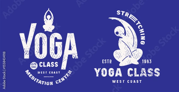 Fototapeta Body positive yoga class emblem. Graphic design with typographic and silhouettes of girl in asana. Color print with rough texture on white background