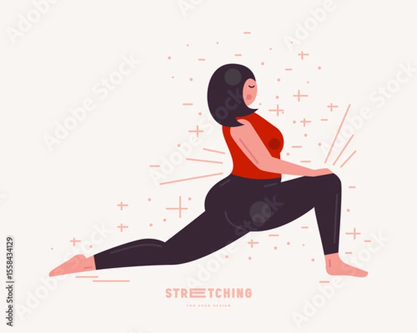 Fototapeta Illustration of body positive woman doing stretching. Stylized flat graphic style for your design. Color print on white background