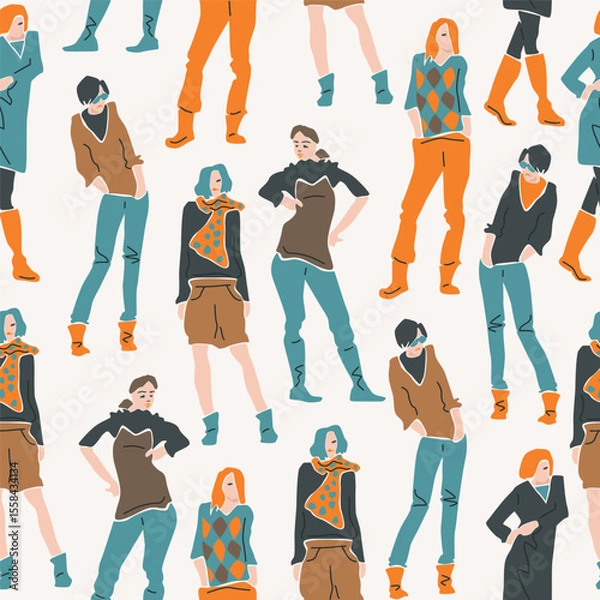 Fototapeta Seamless pattern with girls standing in different poses. Hand-drawn graphics. Isolated on white background