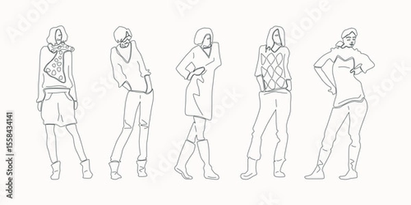 Fototapeta illustration of girls standing in different poses. Hand-drawn graphics in thin line stile. Isolated on white background