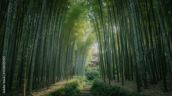 Fototapeta A tranquil pathway through a dense bamboo forest, bathed in sunlight.
