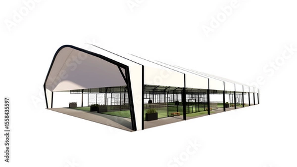 Fototapeta Corner view of Green padel court with shaded sports building structure on a transparent background