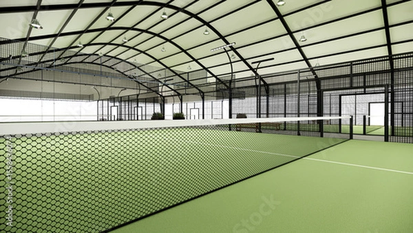 Fototapeta Net at Green padel court with shaded sports building structure on a transparent background