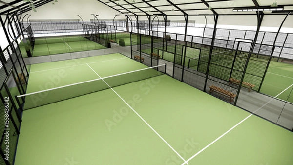 Fototapeta Aerial view Shaded sports building structure with green padel courts on a transparent background