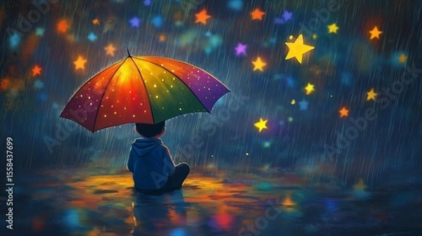 Fototapeta Fantasy illustration of a child sitting under a glowing multicolored umbrella in a rainy dream world, where raindrops turn into stars before hitting the ground, symbolizing resilience in childhood 