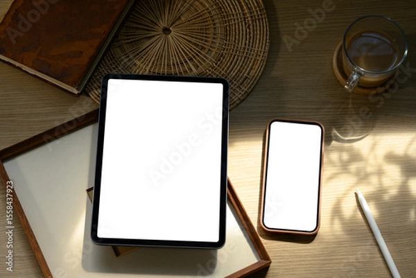 Fototapeta Tablet and smartphone with blank screens on wooden desk surrounded by books and coffee cup