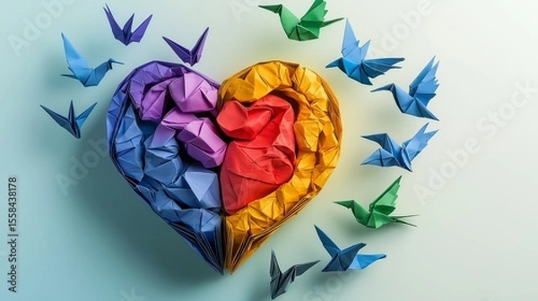 Fototapeta Fantasy illustration of a vibrant multicolored human heart unraveling into paper origami birds flying outward, symbolizing emotional freedom, recovery from depression, and global outreach for mental 