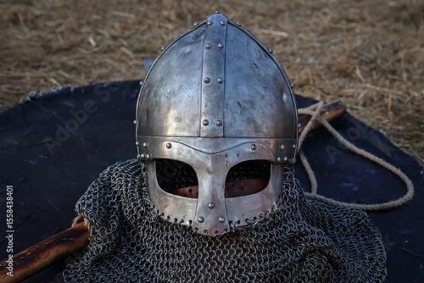 Fototapeta The iron helmet of an armor used during ancient Viking fights.