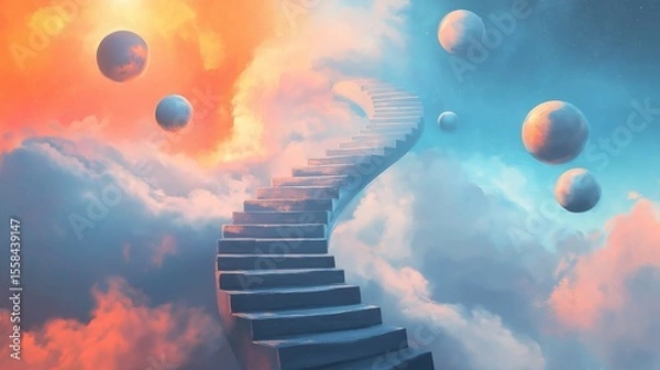 Fototapeta Creative concept illustration of a winding staircase transitioning through emotional stages—from dark fog to vibrant skies—with glowing orbs representing recovery, support, and mental health progress