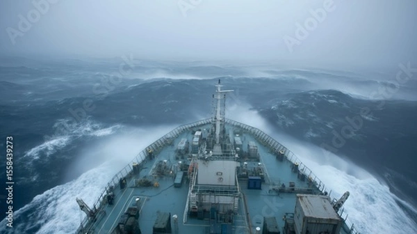Fototapeta A large vessel cuts through choppy waves under a dark, cloudy sky. Powerful winds create a dramatic atmosphere as the ship bravely faces the stormy seas