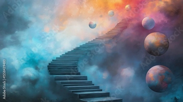 Fototapeta Multicolored illustration of a surreal staircase moving from dark fog to vibrant skies, surrounded by floating global orbs representing health support, symbolizing stages of emotional recovery 