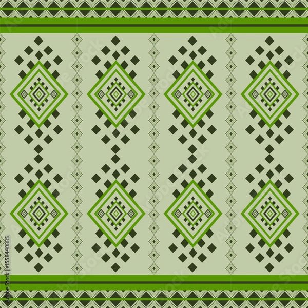 Fototapeta Ethnic abstract ikat art .Geometric ethnic seamless pattern  green tones design for carpet,curtain,clothing,fabric,wrapping paper,tiles,textiles,batik,texture and wallpaper.Vector background.