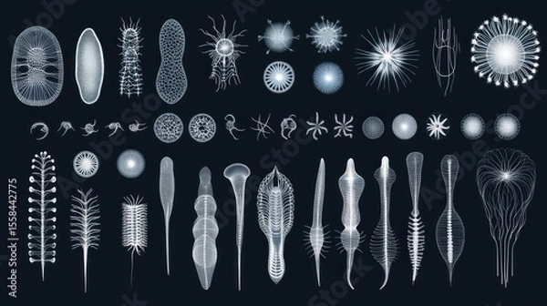 Fototapeta Microscopic marine organisms, scientific illustrations