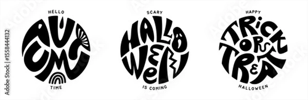 Fototapeta Hello Autumn Happy Halloween Trick or Treat round inscriptions letterings set. Hand drawn graffiti deformed bold uneven letters inscribed in a circle shape. Logo print sticker illustrations.