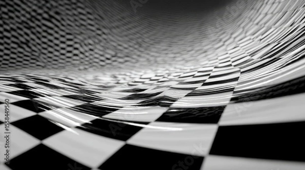 Fototapeta  black and white checkered pattern on perspective grid background with distorted shapes and waves for design projects,