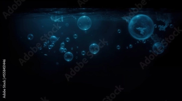 Fototapeta A dark blue background with many small bubbles floating in the water