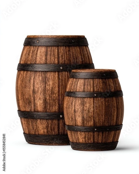 Fototapeta Two wooden barrels of different sizes, displaying rustic, hand-crafted design and textures.