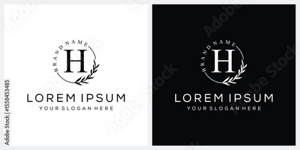 Obraz Initial letter H cosmetics fashion logo design, serif font graphic icon, leaves nature symbol concept