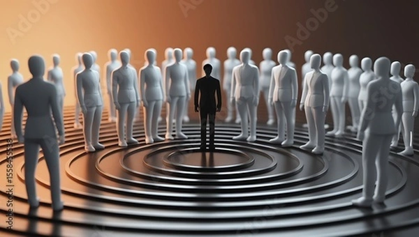 Fototapeta Group of White Figures Surrounding a Black Figure on Concentric Circles