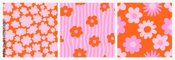 Obraz Set with seamless patterns groovy aesthetic. Spring mood. Cute pink and red flowers. Retro background for design and card, covers, package, wrapping paper.